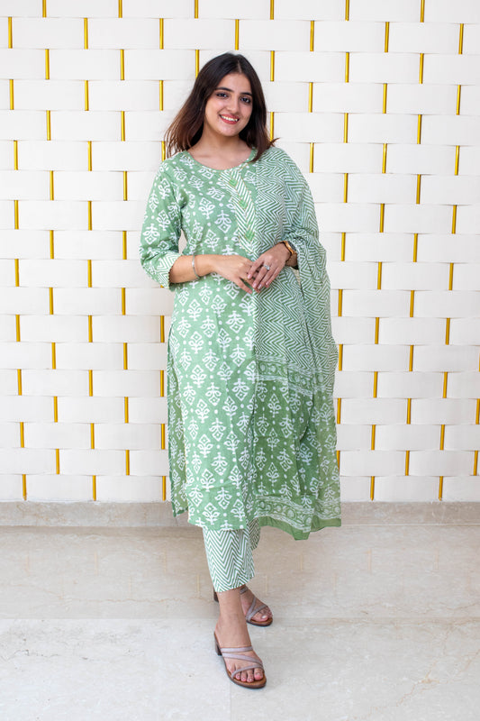 Pearl Green Suit with Block Printed Designs and Zig-zag Pants and Dupatta