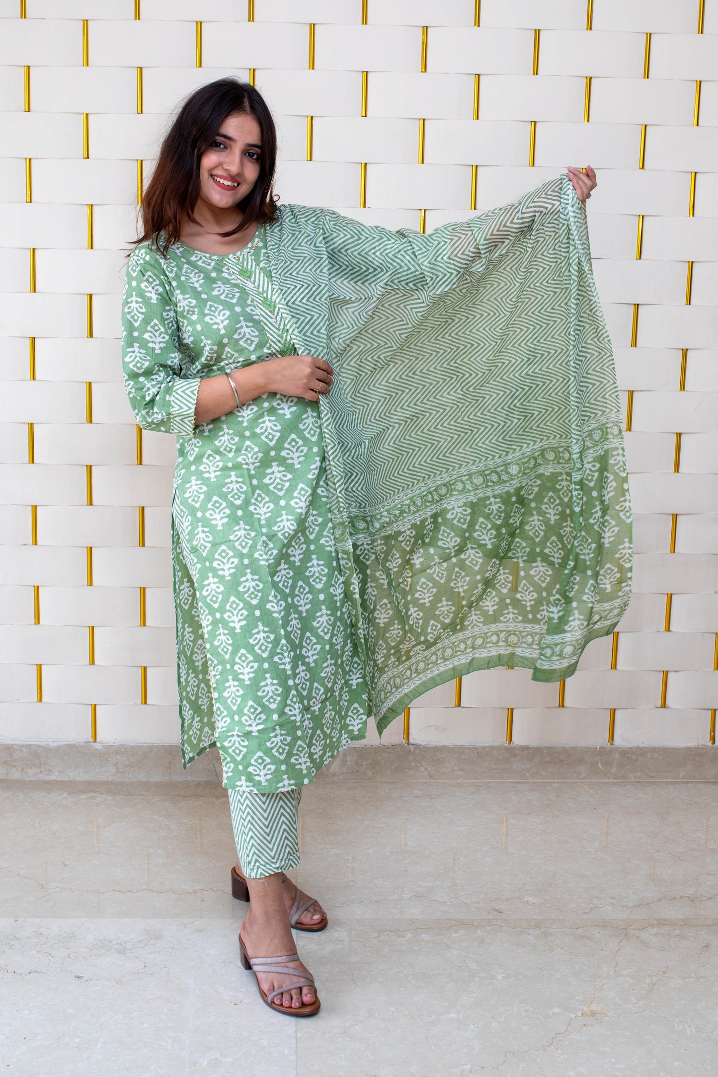 Pearl Green Suit with Block Printed Designs and Zig-zag Pants and Dupatta