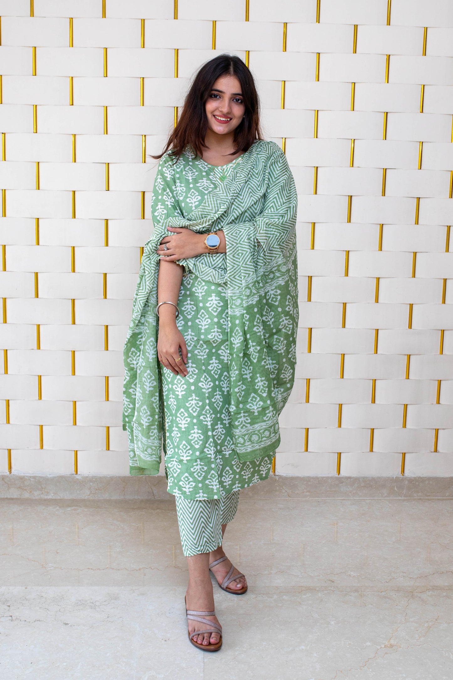 Pearl Green Suit with Block Printed Designs and Zig-zag Pants and Dupatta