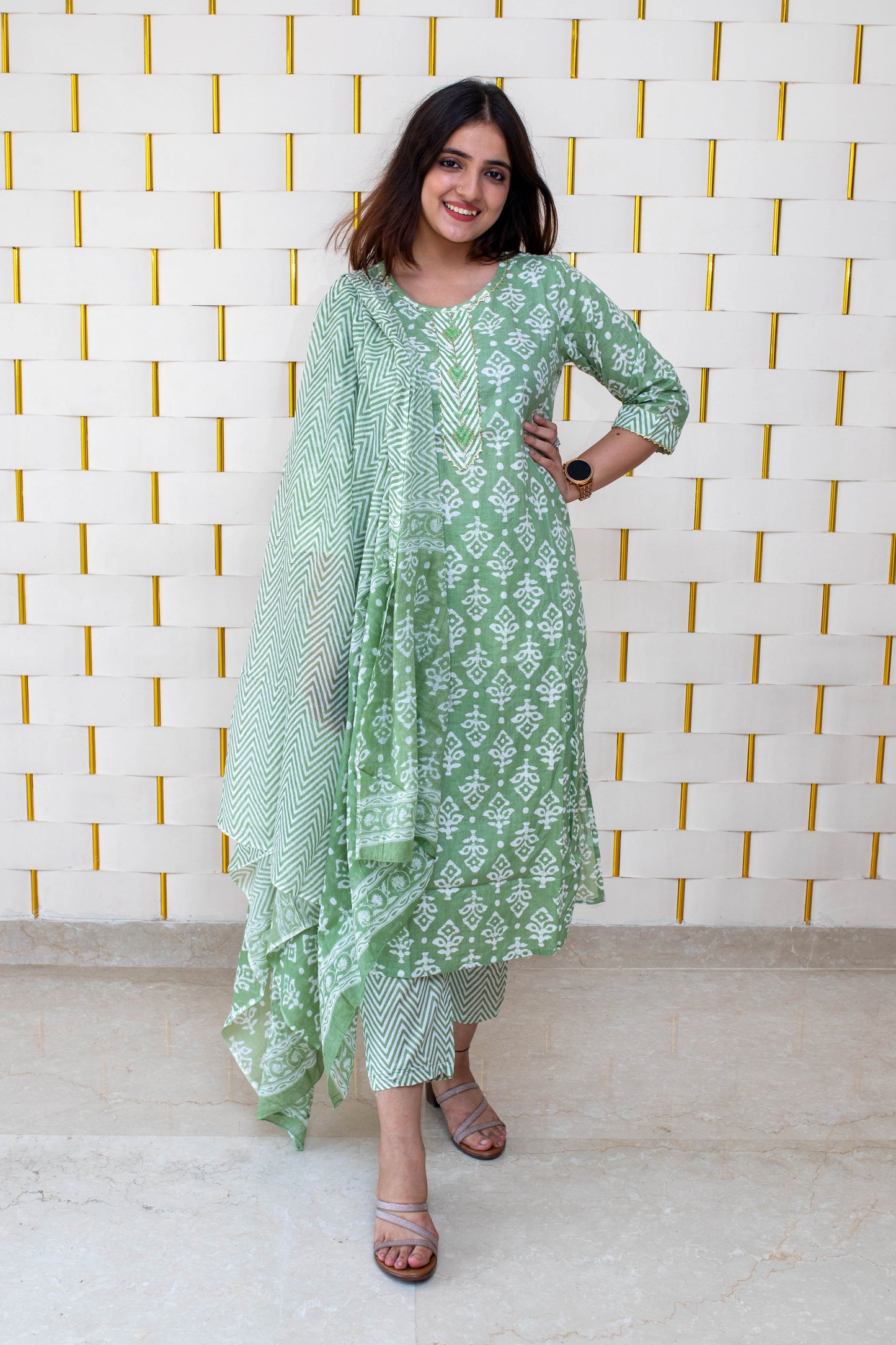 Pearl Green Suit with Block Printed Designs and Zig-zag Pants and Dupatta