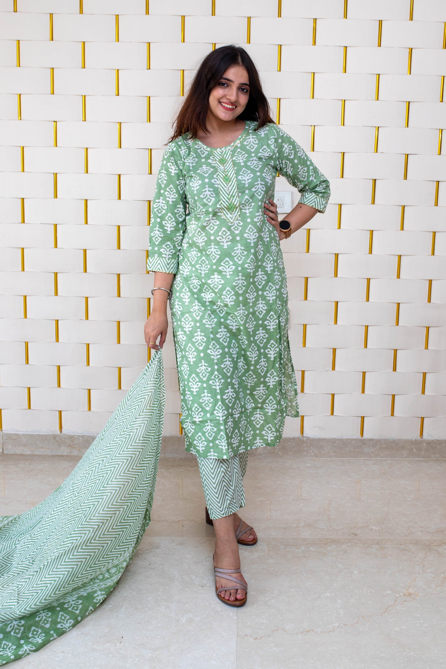 Pearl Green Suit with Block Printed Designs and Zig-zag Pants and Dupatta