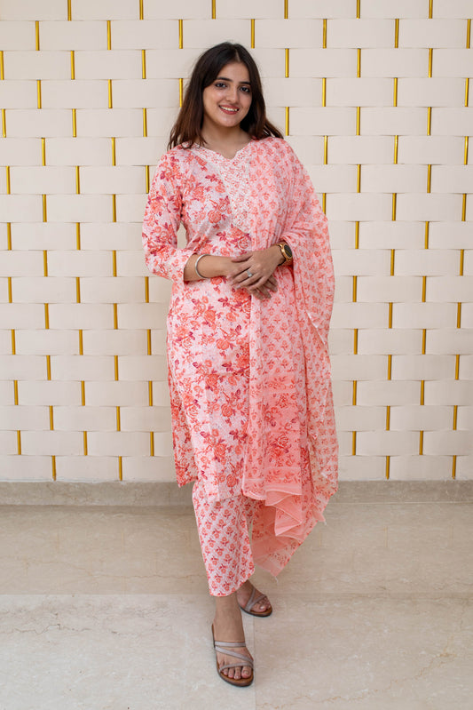 Orange Floral Suit with Embroidery Neck Pattern