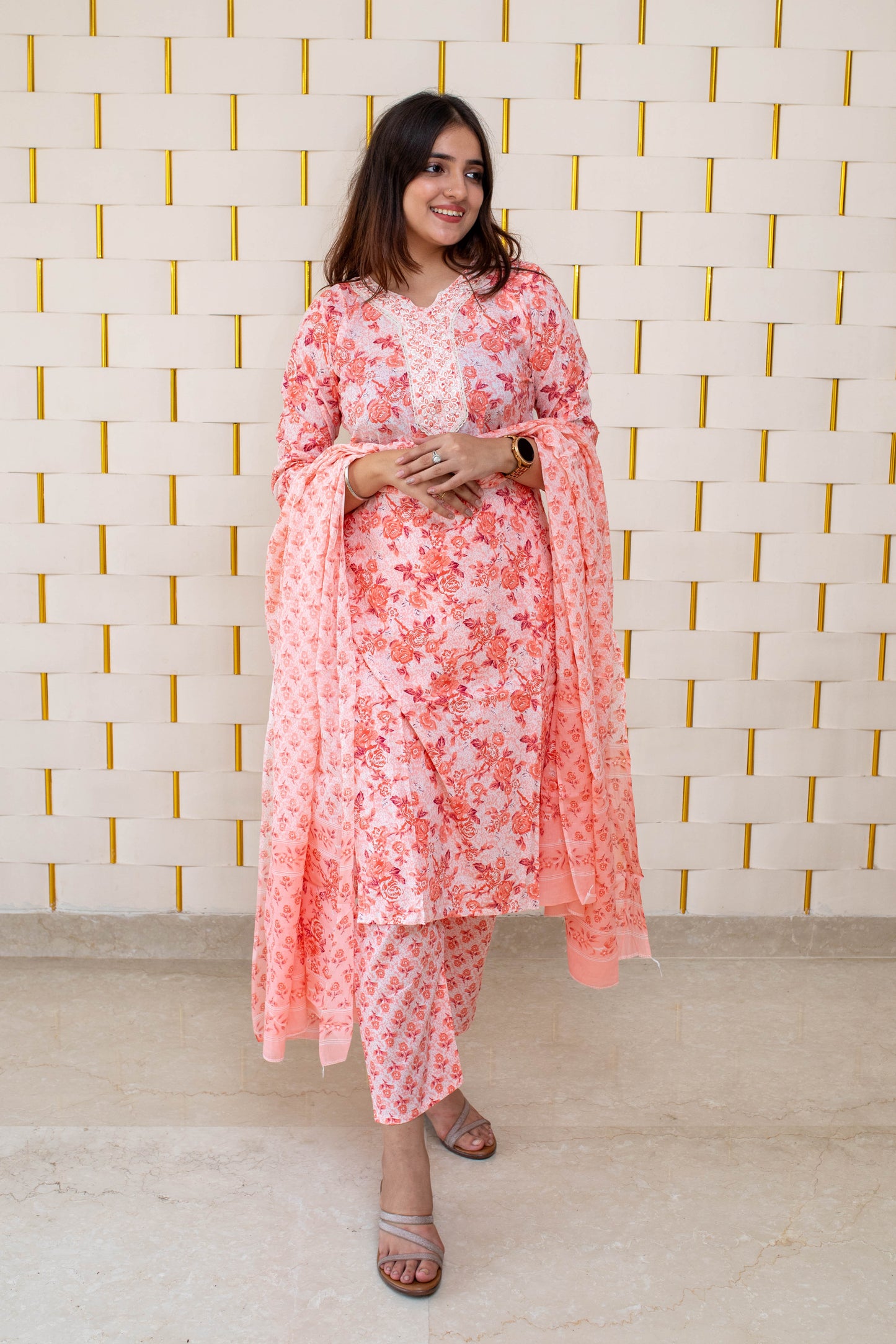 Orange Floral Suit with Embroidery Neck Pattern