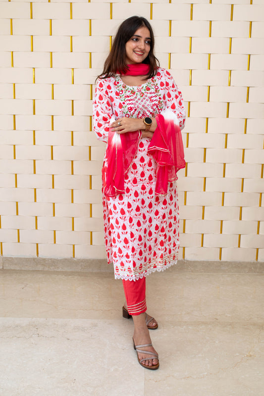 White and Pink Suit with kadhai work and chiffon Dupatta