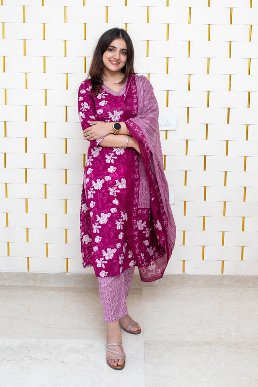 Purple Cotton Suit with Floral Prints and Dupatta
