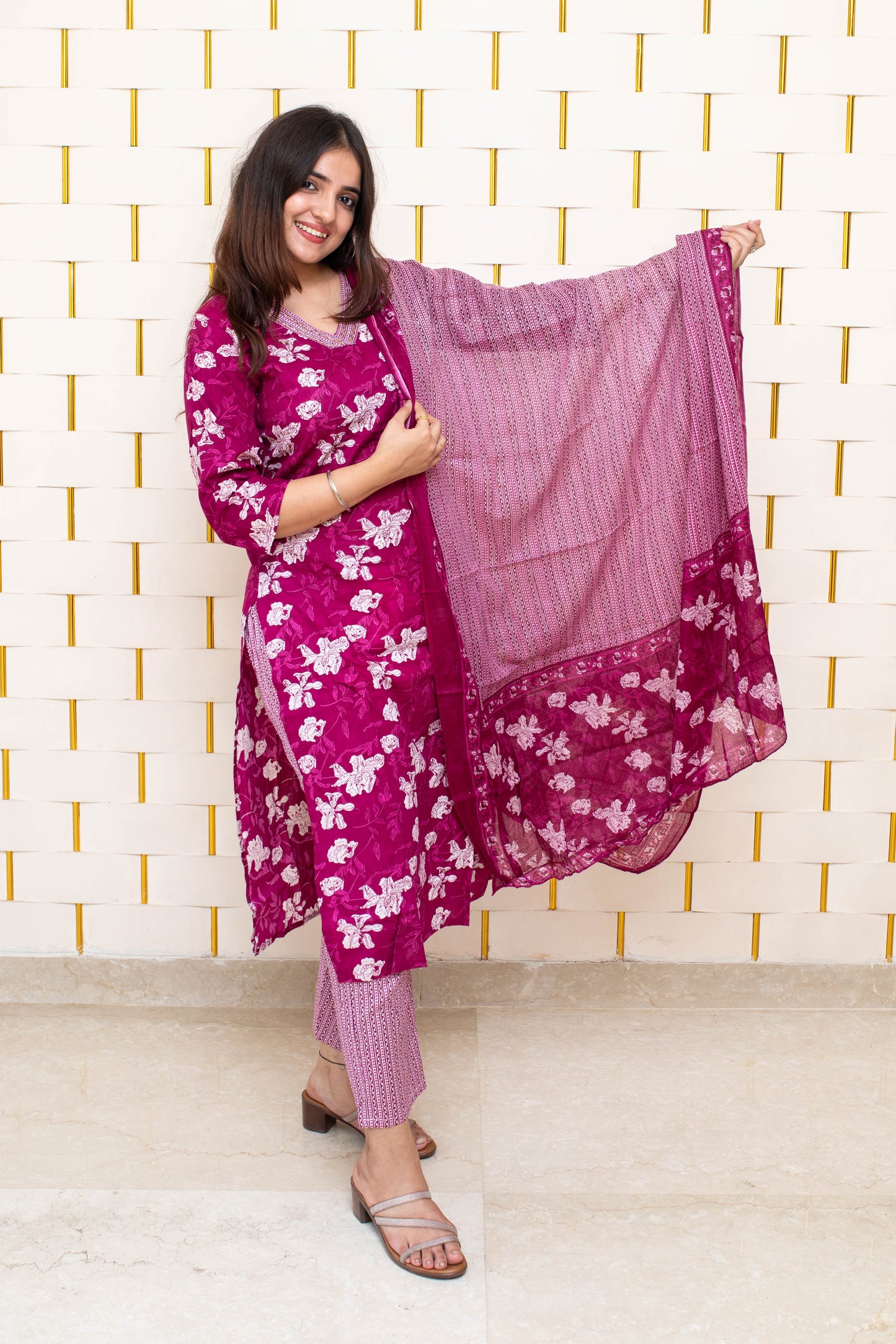 Purple Cotton Suit with Floral Prints and Dupatta