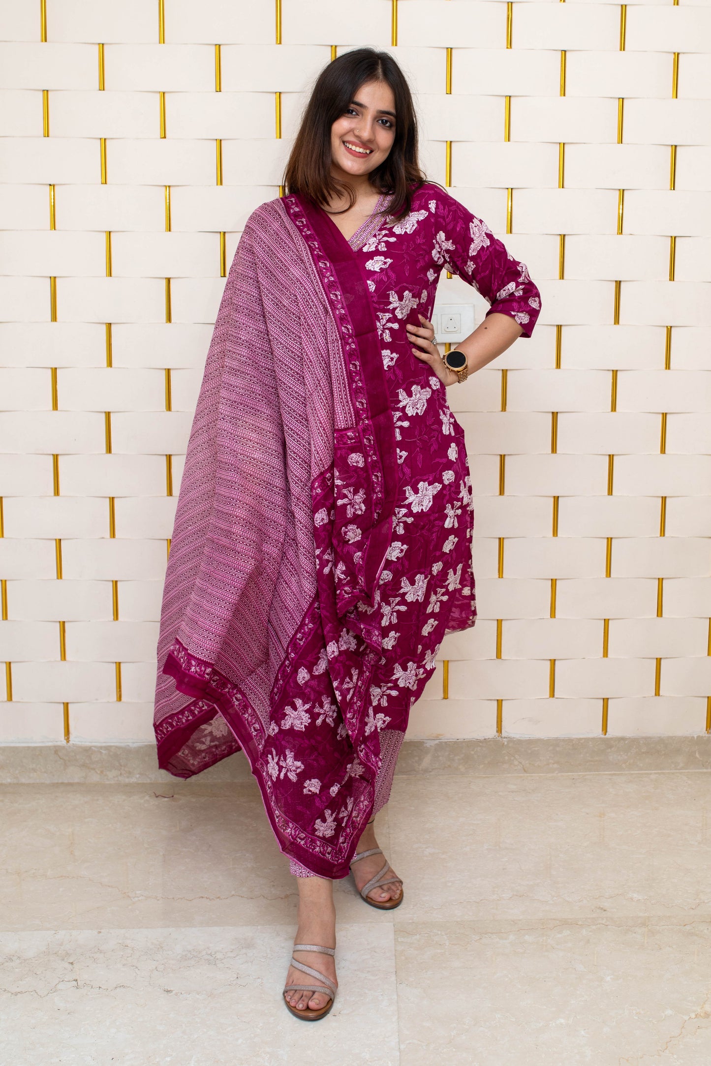 Purple Cotton Suit with Floral Prints and Dupatta