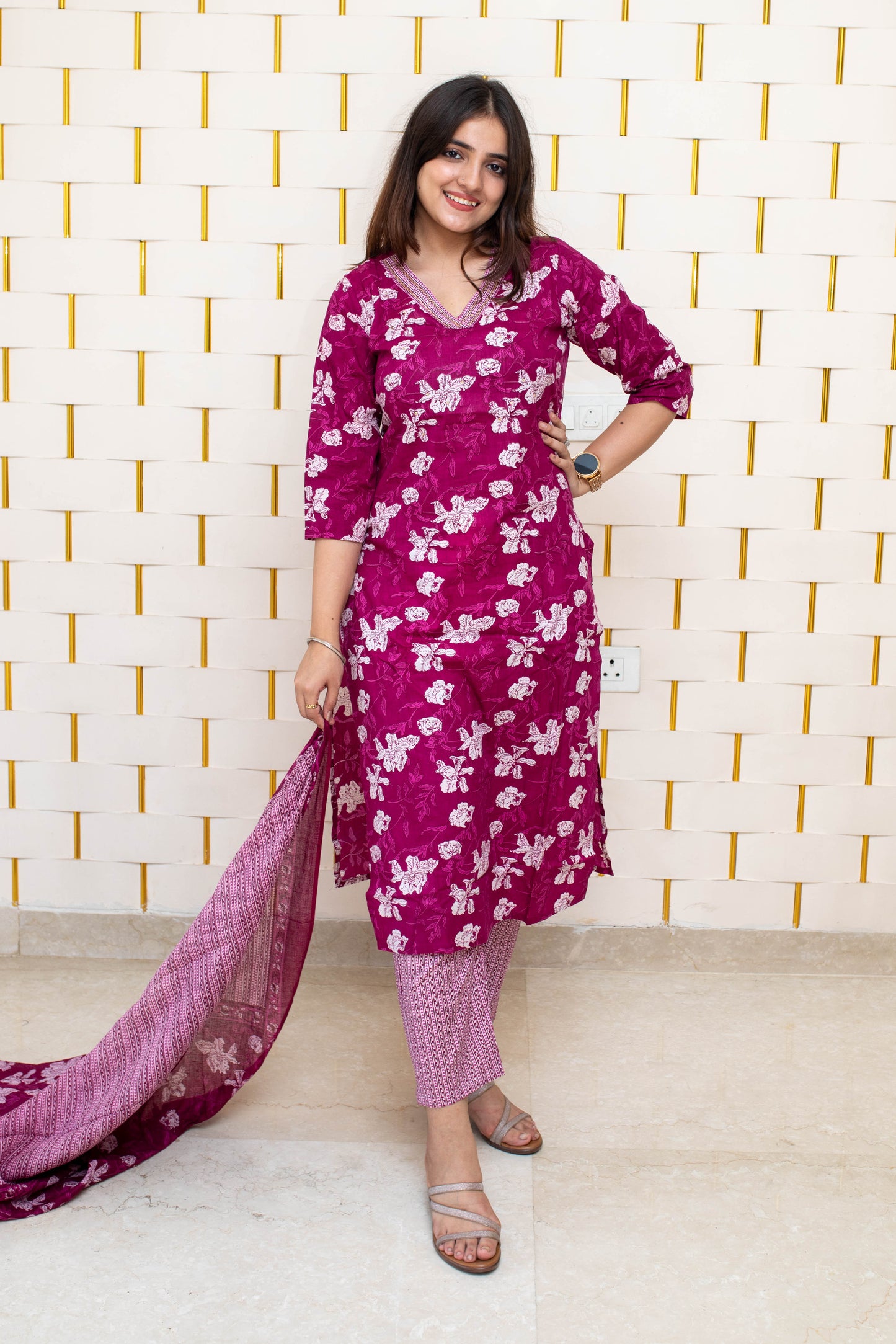 Purple Cotton Suit with Floral Prints and Dupatta