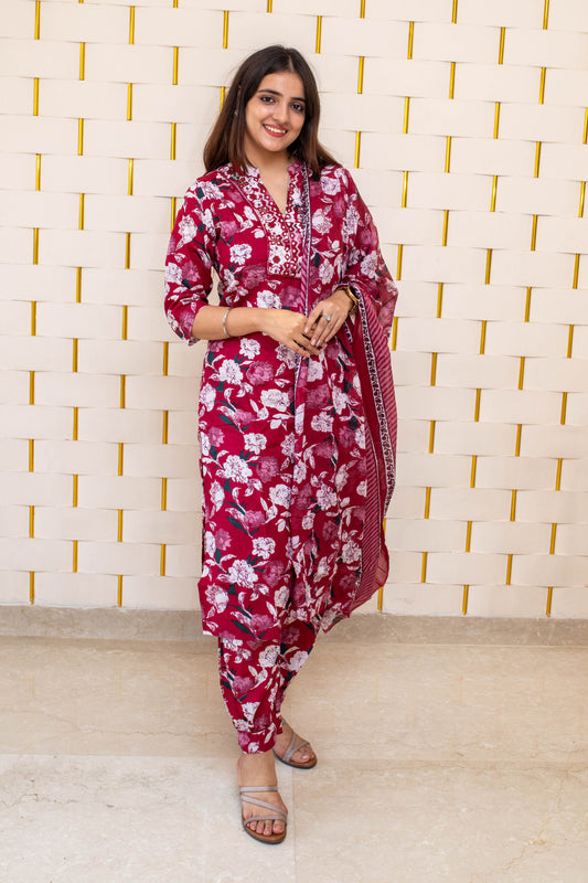 Maroon Cotton Suit with Floral Prints and Dupatta