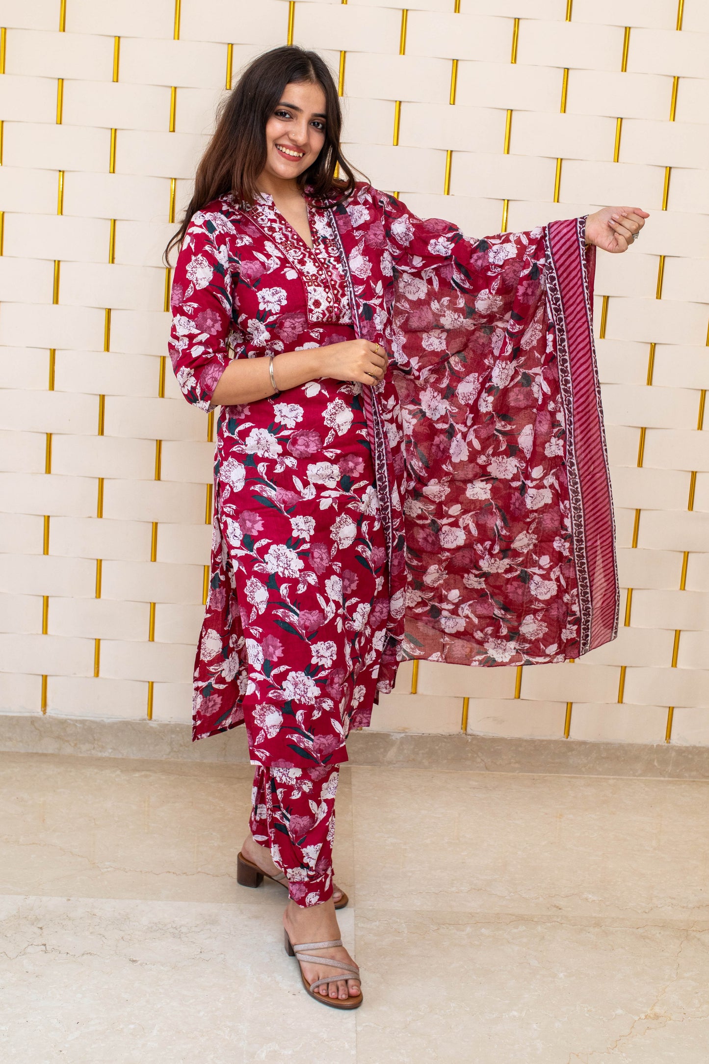 Maroon Cotton Suit with Floral Prints and Dupatta