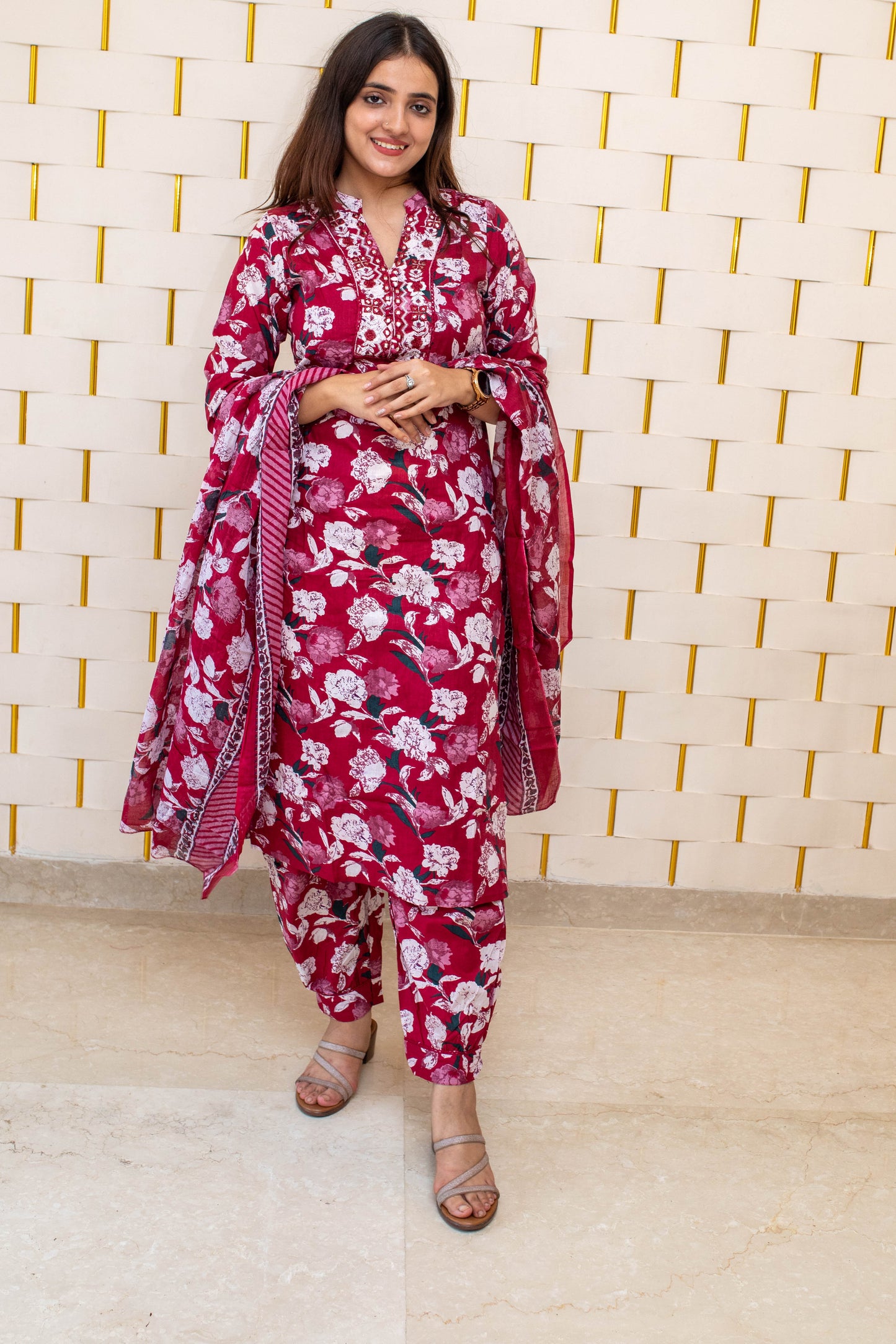 Maroon Cotton Suit with Floral Prints and Dupatta