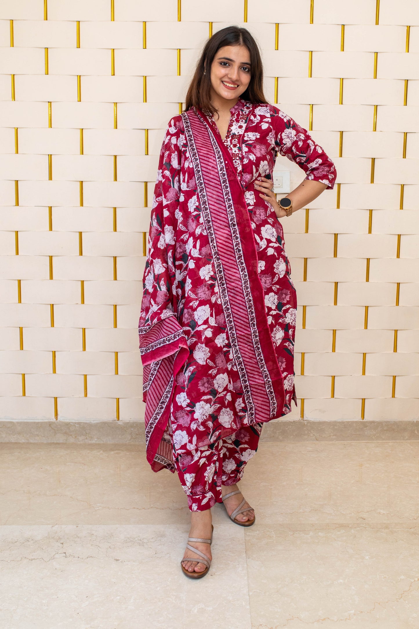 Maroon Cotton Suit with Floral Prints and Dupatta