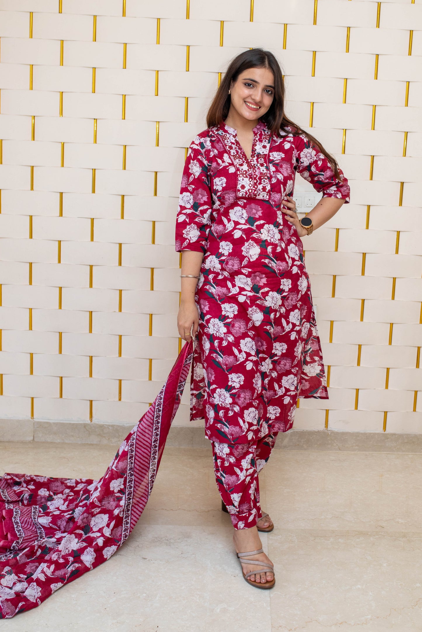 Maroon Cotton Suit with Floral Prints and Dupatta