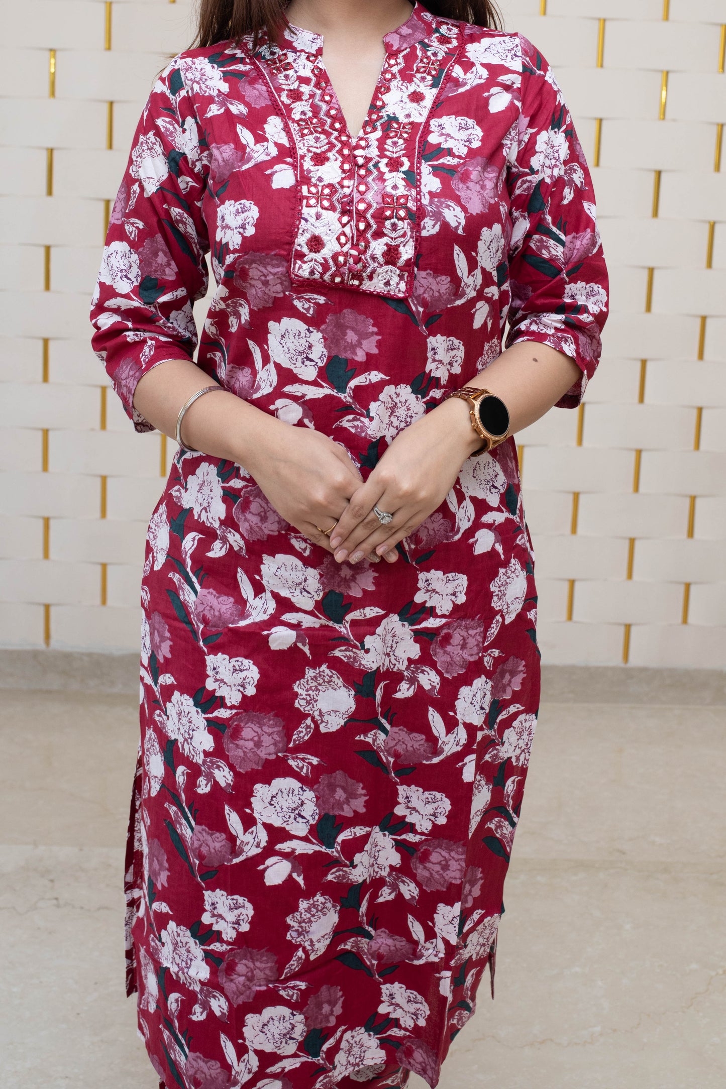 Maroon Cotton Suit with Floral Prints and Dupatta