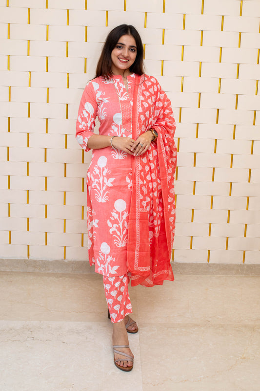 Orange Cotton Suit with Floral Prints and Dupatta