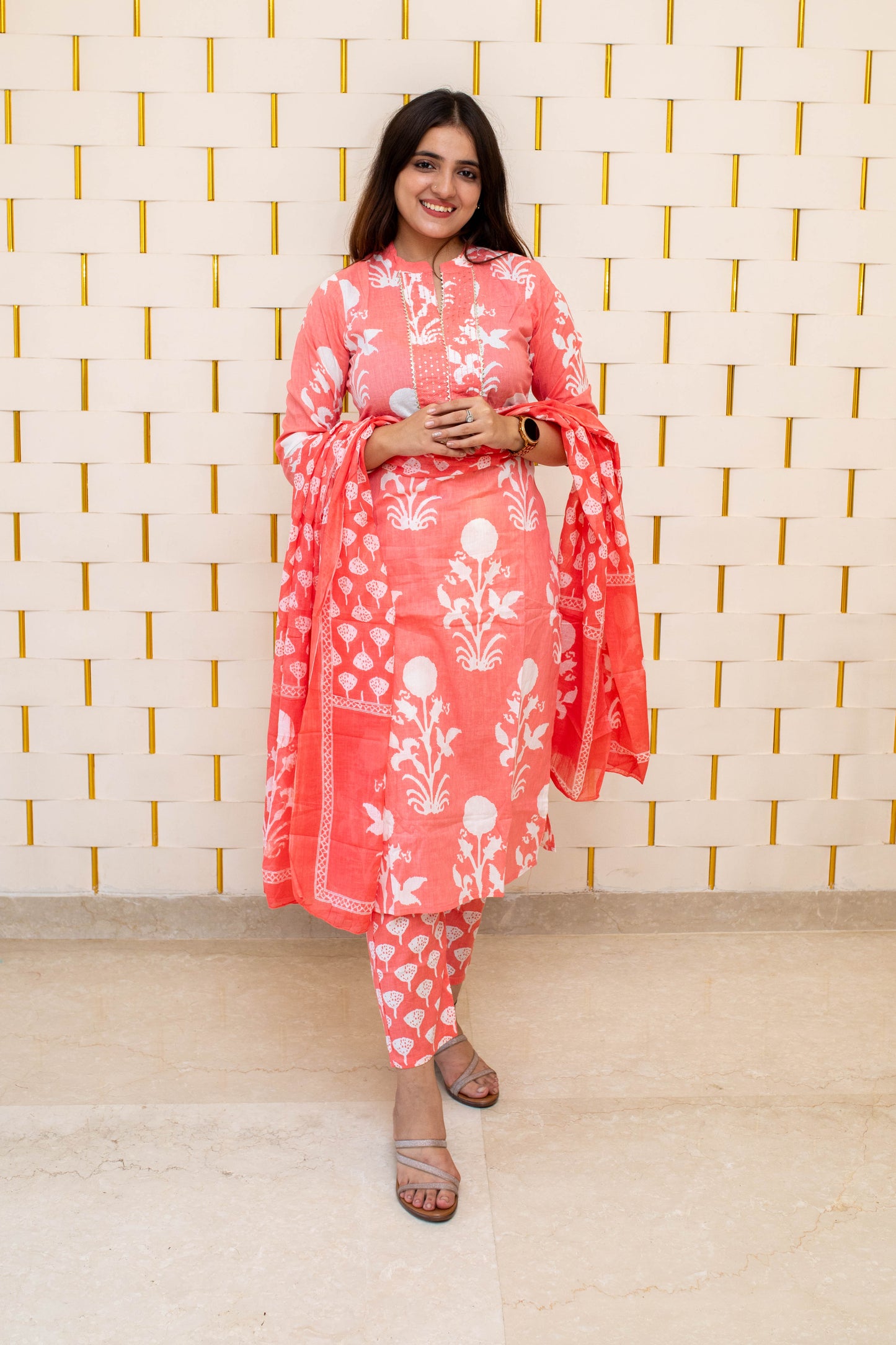 Orange Cotton Suit with Floral Prints and Dupatta