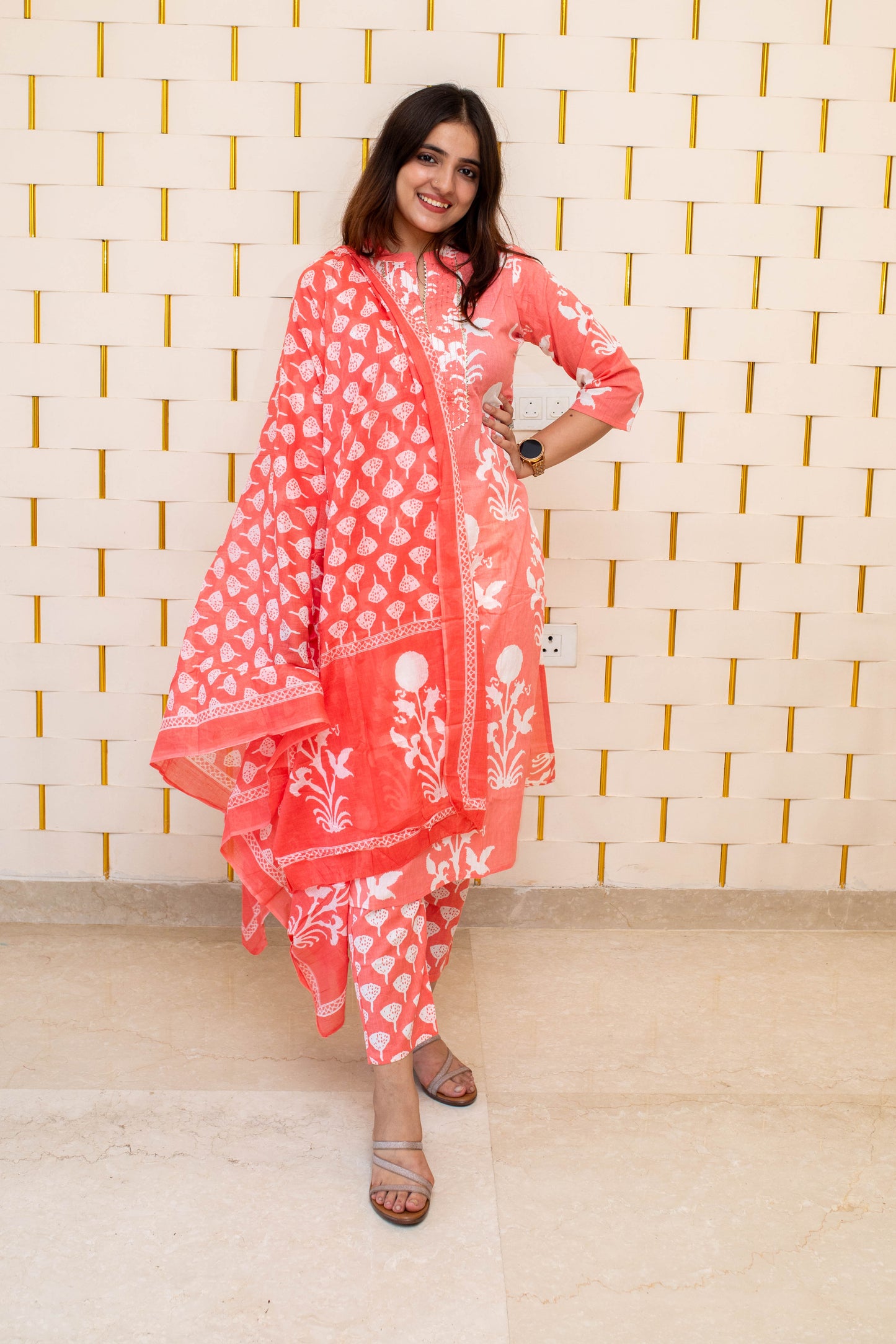 Orange Cotton Suit with Floral Prints and Dupatta