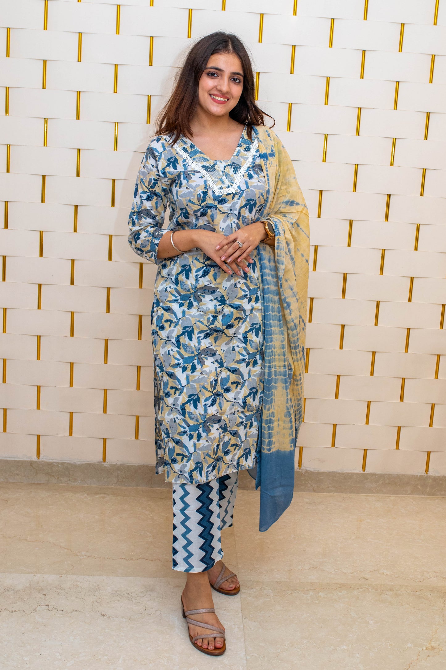 Blue Cotton Suit with Floral Prints and Dupatta