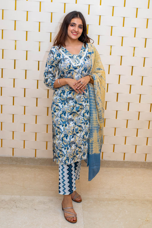 Blue Cotton Suit with Floral Prints and Dupatta