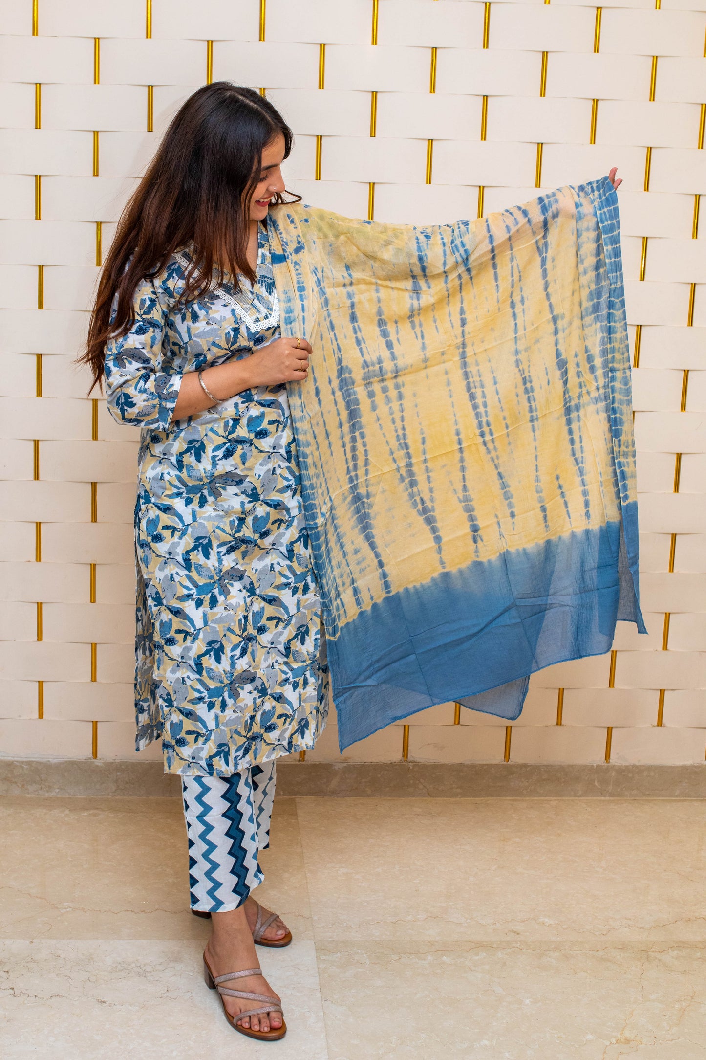 Blue Cotton Suit with Floral Prints and Dupatta