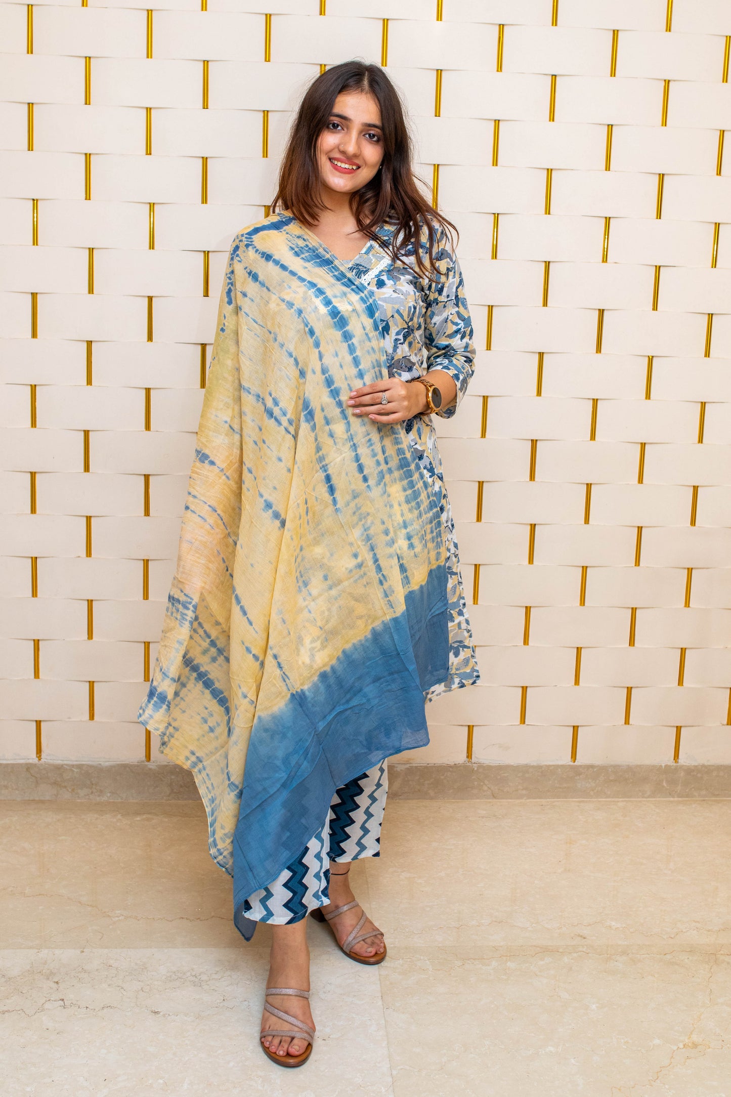 Blue Cotton Suit with Floral Prints and Dupatta