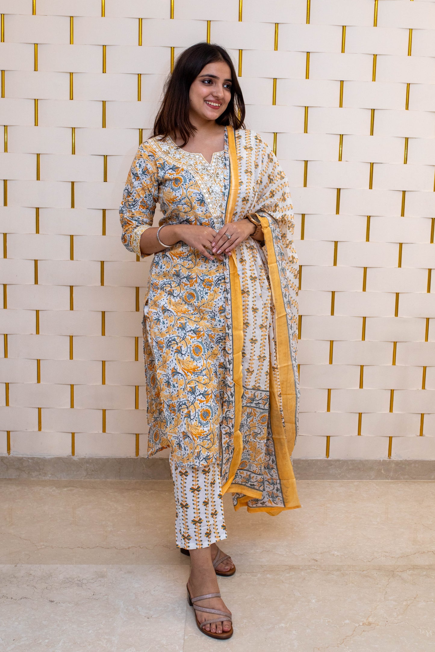 Yellow Cotton Suit with Floral Prints V-neck design and Dupatta