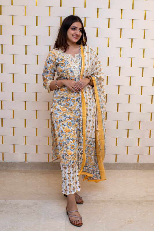 Yellow Cotton Suit with Floral Prints V-neck design and Dupatta