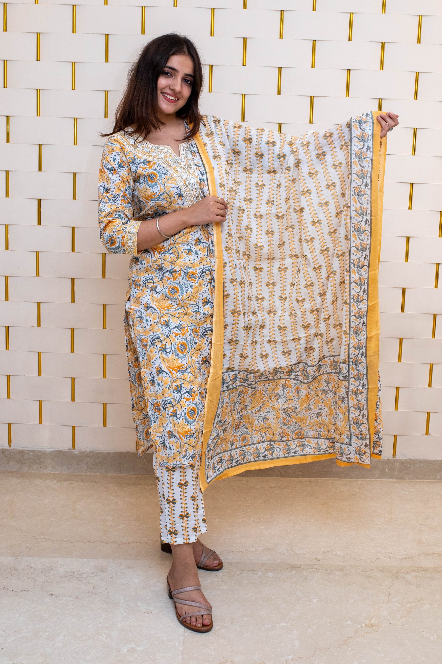 Yellow Cotton Suit with Floral Prints V-neck design and Dupatta