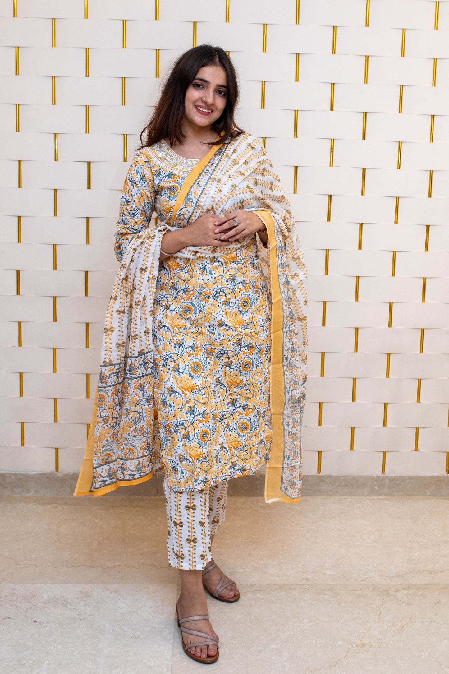 Yellow Cotton Suit with Floral Prints V-neck design and Dupatta