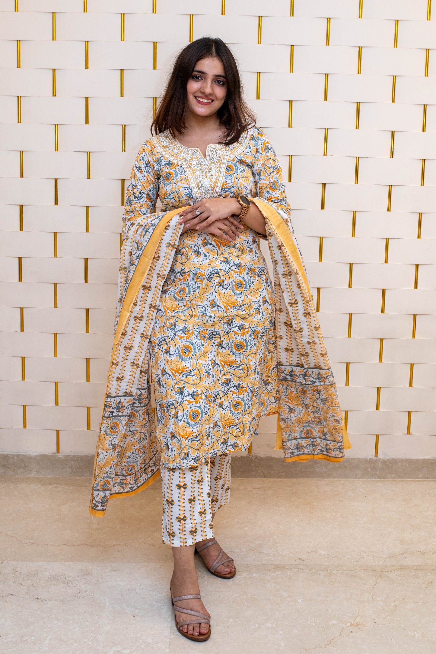 Yellow Cotton Suit with Floral Prints V-neck design and Dupatta
