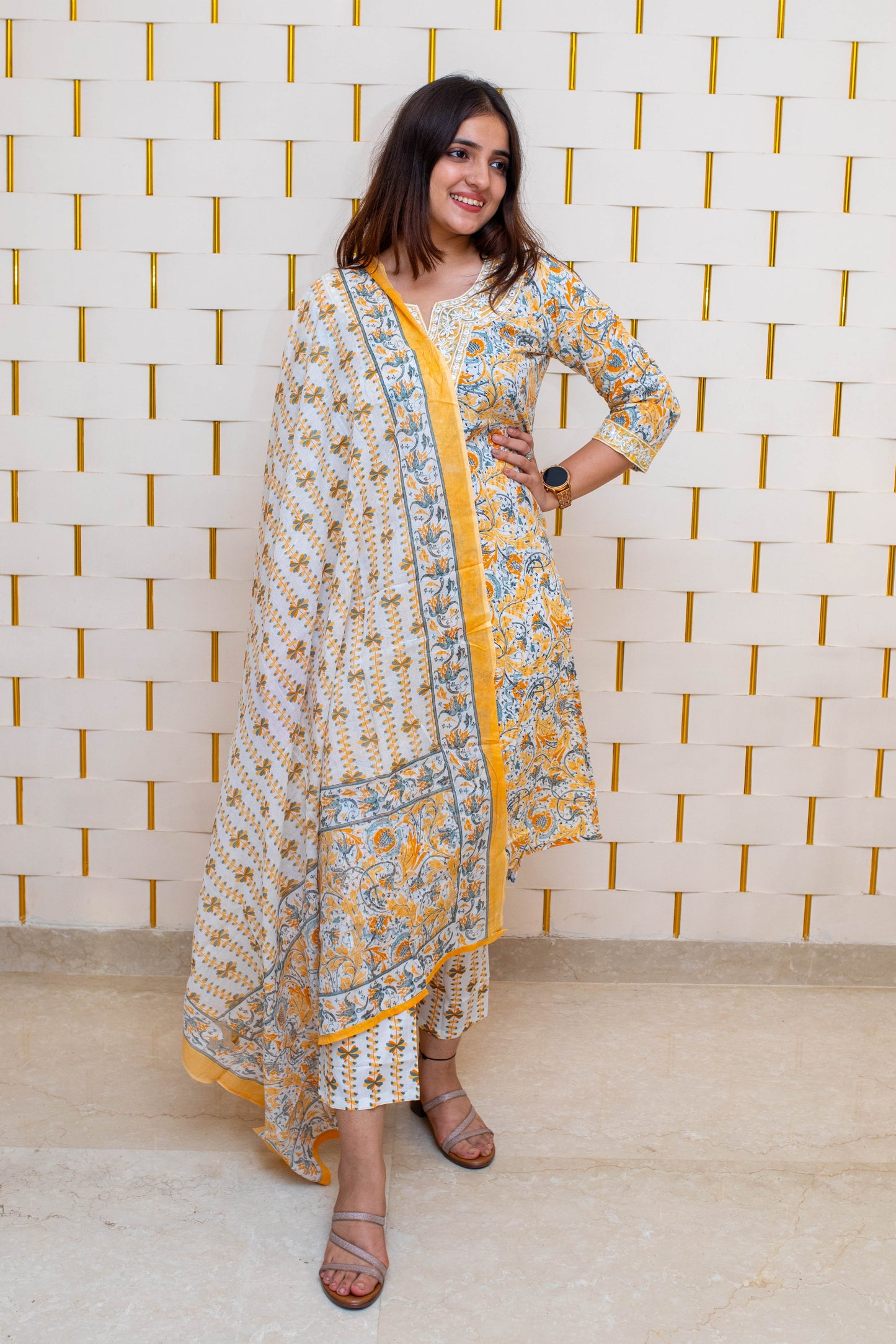 Yellow Cotton Suit with Floral Prints V-neck design and Dupatta