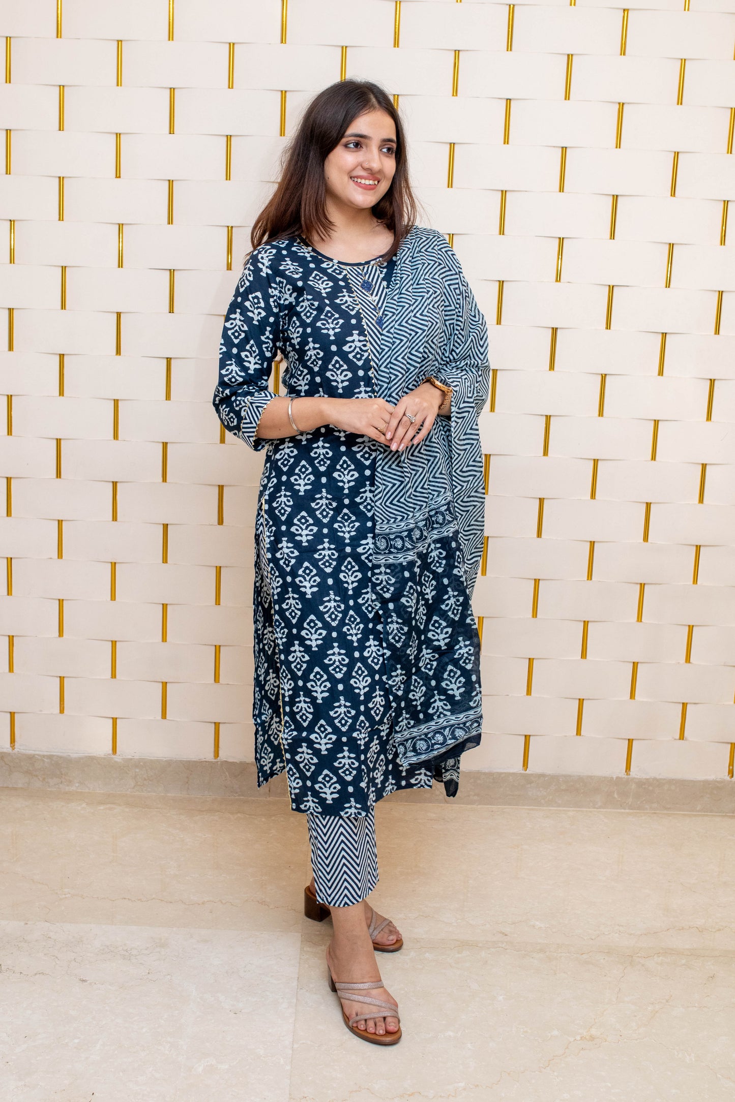 Navy Blue Block Print Suit with Golden Lace and Contrasting Blue Beads with Zig-zag Dupatta Print