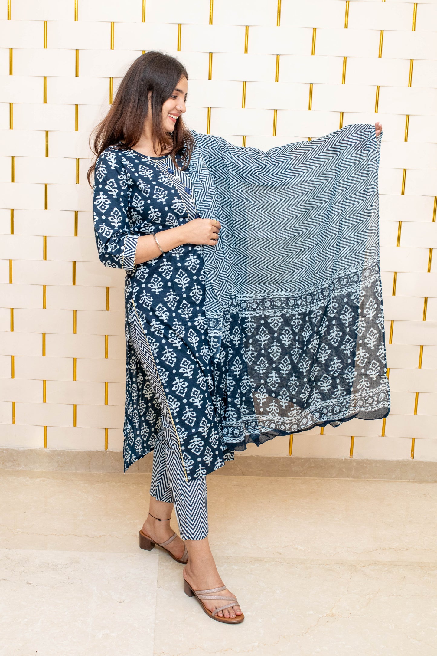 Navy Blue Block Print Suit with Golden Lace and Contrasting Blue Beads with Zig-zag Dupatta Print