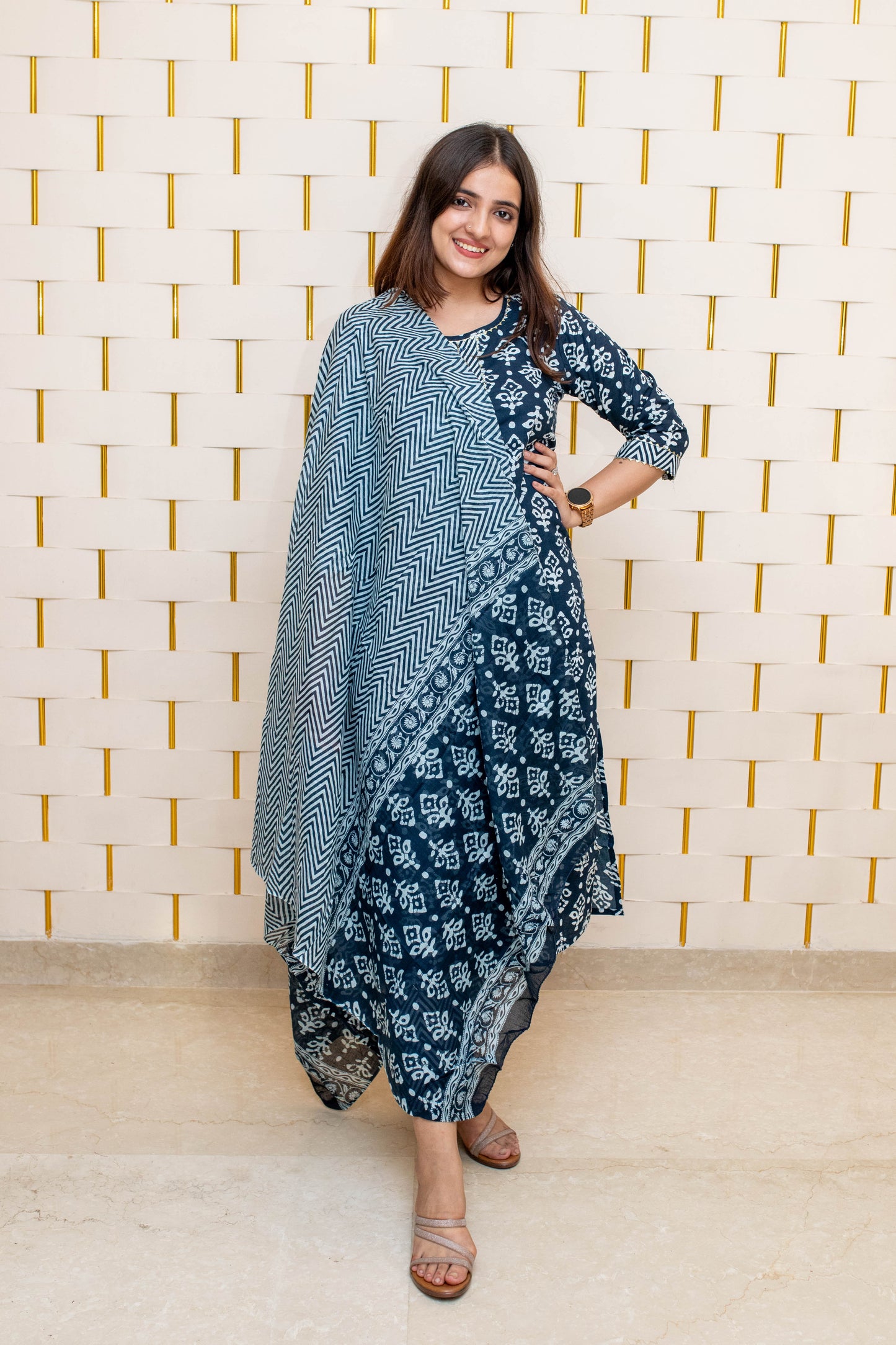 Navy Blue Block Print Suit with Golden Lace and Contrasting Blue Beads with Zig-zag Dupatta Print