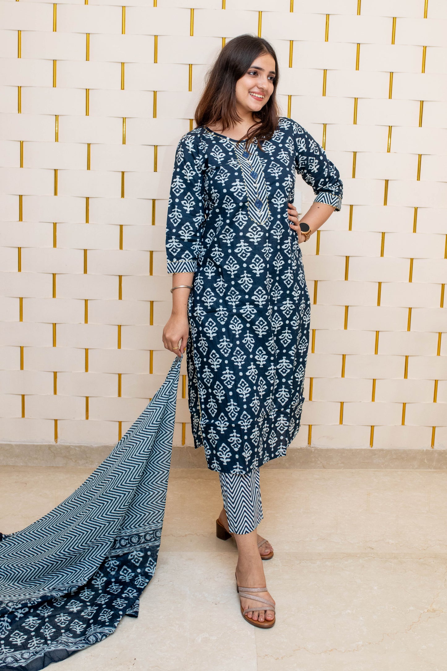 Navy Blue Block Print Suit with Golden Lace and Contrasting Blue Beads with Zig-zag Dupatta Print