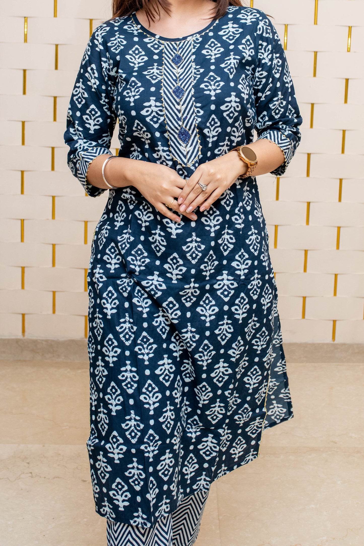 Navy Blue Block Print Suit with Golden Lace and Contrasting Blue Beads with Zig-zag Dupatta Print